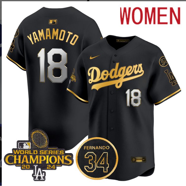 Women MLB Los Angeles Dodgers #18 Yamamoto black 2024 World Series Champions Patch Limited Jersey->women mlb jersey->Women Jersey